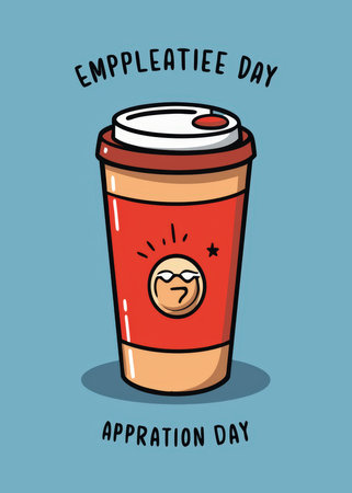 A vibrant digital illustration depicts a cartoon coffee cup celebrating Employee Appreciation Day, featuring a smiling face logo and bold, cheerful designの素材