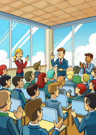 a classroom with a teacher giving a lectureの素材