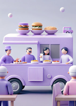 a purple food truck with people sitting at itの素材