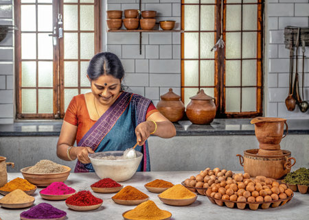 A focused individual in traditional Indian attire prepares a spice blend within a warm, inviting kitchen setting, capturing the essence of home cooking and cultural heritage.の素材