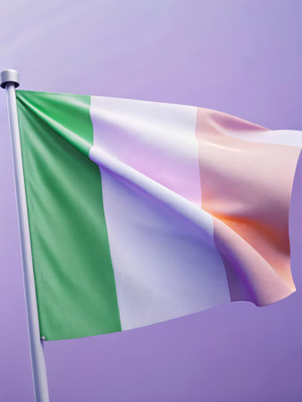 A dynamic stock photograph showcases a waving flag with green, white, and purple stripes against a gradient background, evoking feelings of national pride and celebration.の素材
