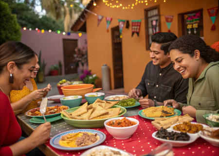 Three smiling individuals enjoy a vibrant and festive meal outdoors, surrounded by colorful decorations and a charming, inviting atmosphere. This image evokes feelings of connection and happiness.の素材