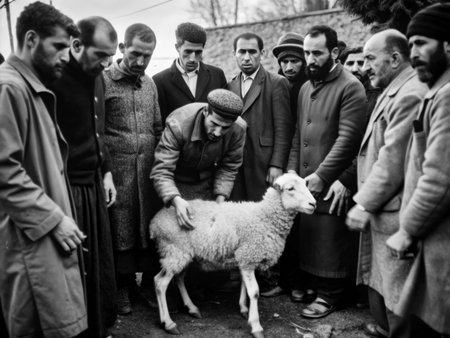 A black and white photograph showcases a group of men in traditional clothing carefully examining a sheep outdoors. The scene evokes a sense of rural life, community, and the importance of animal care.の素材