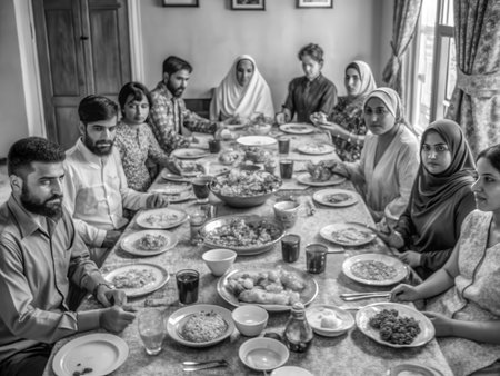 This evocative black and white photograph depicts a group enjoying a communal meal, highlighting the importance of shared experience and cultural diversity. The scene evokes warmth and connection through a timeless composition.の素材