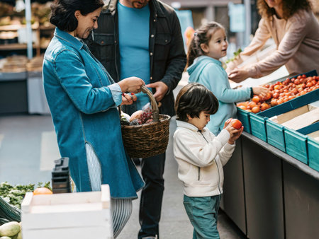 A heartwarming scene of a family enjoying a day at a bustling market, capturing a moment of connection and shared activity.の素材