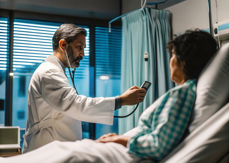 A professional medical scene showcasing a doctor conducting a physical examination on a patient in a modern hospital room. The image evokes trust and care within a healthcare setting.の素材