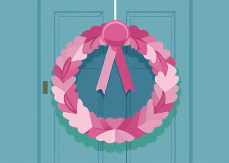 A beautiful, colorful heart wreath hangs elegantly on a blue door, radiating joy and festive spirit. The arrangement evokes a classic Christmas wreath design, perfect for holiday greetings and decorations.の素材