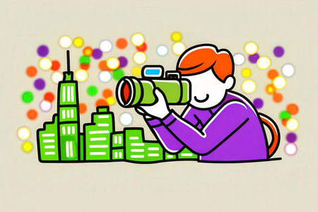 A stylized illustration showcases a person taking a photograph amidst a dynamic, colorful abstract cityscape. The image evokes a playful and energetic mood, perfect for various design applications.の素材