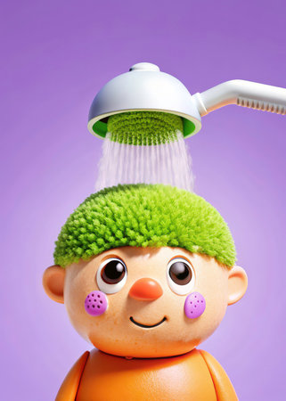 A charming cartoon character with a bright orange body and green wig is playfully "washed" by a white showerhead with flowing green water. The image evokes a sense of joy and amusement, ideal for childrenの素材