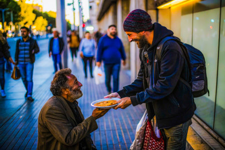 A compassionate moment unfolds as a young man offers a meal to an older gentleman on a busy urban sidewalk, highlighting connection and generosity amidst the hustle of city life.の素材
