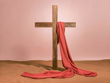 A wooden cross with a red cloth on the sand in the desertの素材