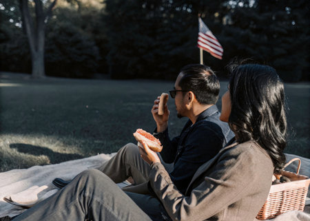 couple in love sitting on blanket and eating hamburger in parkの素材