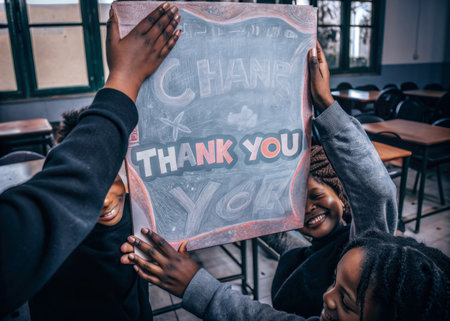 African american students holding blackboard with thank you message in classroomの素材