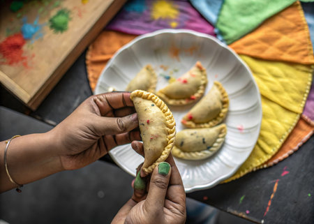 Traditional Indian food. Hand of Indian woman is making a traditional dumplings at home.の素材