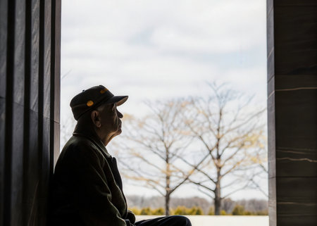 Portrait of an elderly man looking out the window in a parkの素材