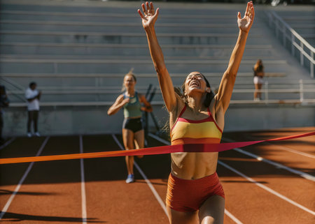 Happy female athlete crossing finish line during obstacle course in track and fieldの素材