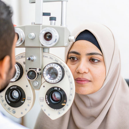 A close-up shot captures a woman engaged in an eye examination within a clinical environment. Sheの素材