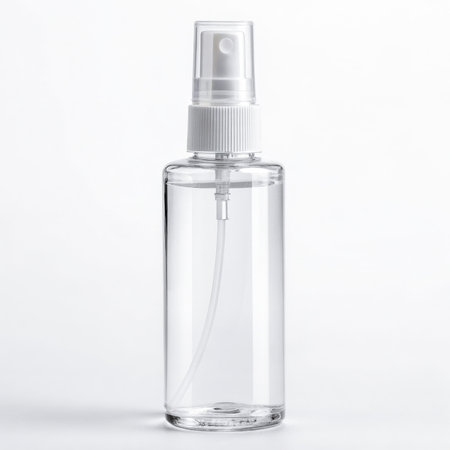 A transparent plastic spray bottle, featuring a white cap, rests against a light gray to white gradient background. The bottleの素材