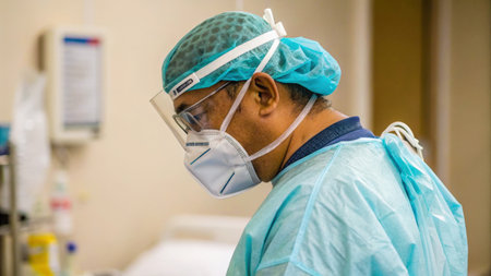 A calm and focused image showing a healthcare professional fully protected with personal protective equipment (PPE) within a clinical environment. The individual is wearing a light blue surgical gown, a white surgical cap with a blue band, a surgical mask with a transparent visor, and a blue surgical cap. The maskの素材