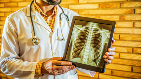 A focused medical professional stands confidently against a weathered brick wall, illuminated by bright, even lighting. The individual wears a crisp white lab coat featuring a vibrant yellow checkered pattern on the sleeves, a standard garment for healthcare workers. They hold an iPad, displaying a detailed medical X-ray image of a human chest, showing the ribs and spine with impressive clarity. The brick wallの素材