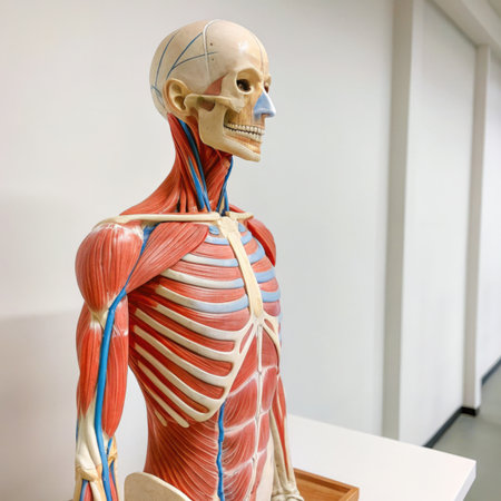 A meticulously rendered human anatomy model dominates the frame, focusing on the torso, showcasing a precise depiction of muscle and skeletal structure. The modelの素材