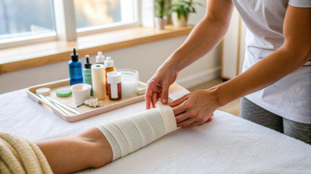 A calm and attentive scene unfolds within a brightly lit medical room. Two individuals are engaged in providing care to a patient lying comfortably on a bed. One person gently holds the patientの素材