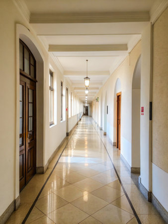 A serene and spacious corridor embodies classical architectural design, characterized by white plaster walls and light beige square tiles that reflect abundant ambient light. Two wooden doors with glass panels flank the corridor, emphasizing privacy and a formal atmosphere. A gently curving passage extends into the distance, accentuated by windows with white frames and a single, elegant pendant light fixture. Subtle patterns adorn the walls, adding texture without distraction. The entire scene evokes a feeling of calmness and sophistication, perfect for representing refined environments.の素材