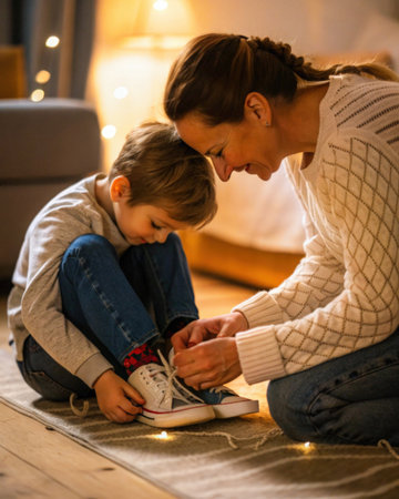 An intimate and heartwarming scene captures a child, seated on a floor, receiving assistance from an adult in tying their shoes. The child wears blue denim jeans and white sneakers featuring vibrant red accents. The adult, a woman, is kneeling beside the child, offering guidance with dark patterned pants and a sweater. Warm, diffused lighting creates a cozy and inviting atmosphere, casting gentle shadows and accentuating the textures of the clothing and footwear. The blurred background suggests a domestic interior with neutral tones, further emphasizing the focus on the connection between the two individuals. This image evokes feelings of love, support, and learning, suitable for portraying family relationships, education, or personal growth.の素材