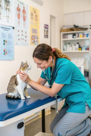 A serene image captures a veterinarian performing a routine examination on a relaxed cat within a well-equipped veterinary clinic. The veterinarian, sporting a light blue scrub top and a ponytail, carefully uses a stethoscope around the catの素材