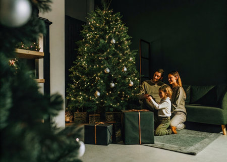 a man and woman sitting on the floor in front of a christmas treeの素材