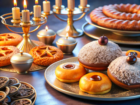 a table with a variety of donuts and candlesの素材