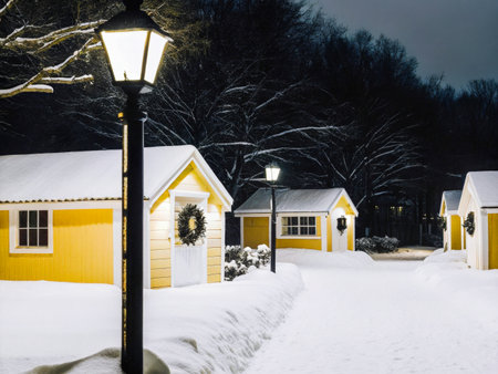 a street light in the snow next to a row of small housesの素材