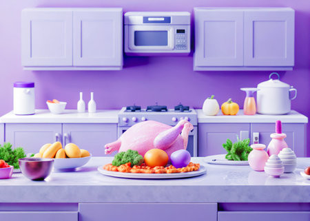 a table with a plate of food and a turkey on itの素材