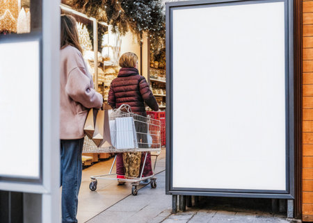 a woman is walking past a large white signの素材