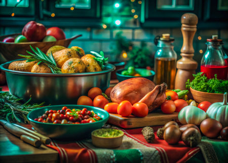 a table with a variety of food on itの素材