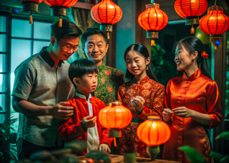 a group of people standing around a table with lanternsの素材