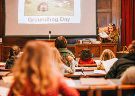A warm and inviting scene of a teacher reading aloud to attentive students in a classroom, illuminated by soft lighting and featuring a âGroundhog Dayâ screen.の素材
