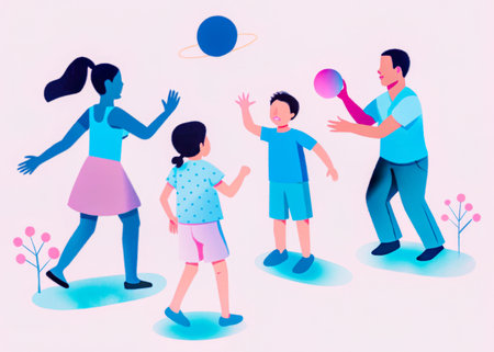 Four individuals? two children and two adults ? share a moment of playful interaction in a bright, colorful scene. The image evokes feelings of happiness and connection within a simple, inviting setting.の素材