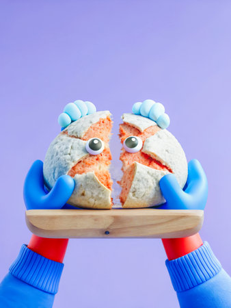 a person holding a piece of bread with a faceの素材