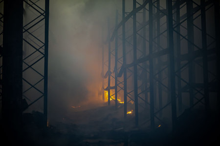 Burnt warehouse. Consequences of the fire.