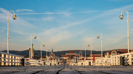 The Sopot Pier in the city of Sopot. The pier is the longest wooden pier in Europe. Beautiful sunrise.の写真素材