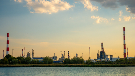 River and oil refinery factory in Gdansk, Poland.の写真素材