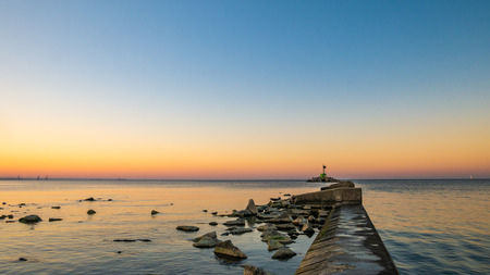 Mouth of the river Vistula. Breakwater on the sea shore and protection walls. Gdansk Gorki Zachodnie, Polandの写真素材