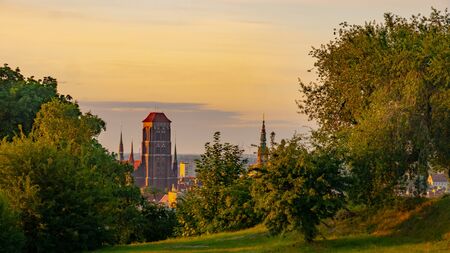 St. Mary's Basilica in Gdansk in the green scenery at the sunrise.