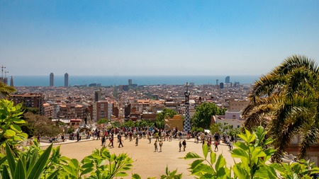 Famous place in Guell Park with tourist and cityscape of Barcelona, Spain.のeditorial素材