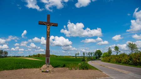 Cross by the road in Kashubia Region in Poland.の写真素材