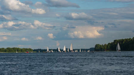 Lake in Polish Masuria, sailing yachts on a sunny day