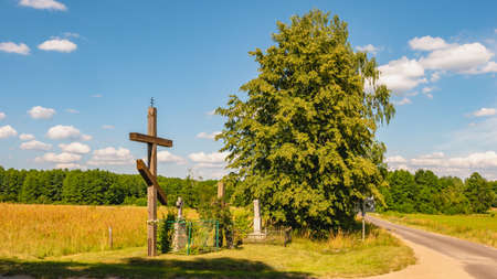 Orthodox cross standing near the road.の写真素材