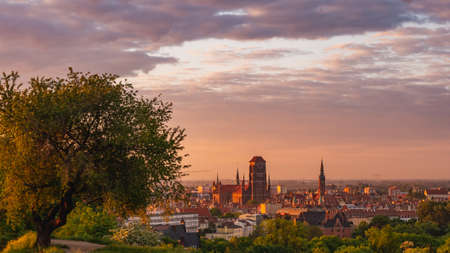A beautiful panorama of GdaÅsk in the morning with a soft light touching the buildings. Poland.の写真素材