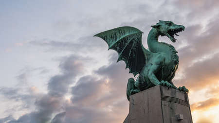 View of the Dragon bridge (Zmajski most), symbol of Ljubljana, capital of Slovenia, Europe.の写真素材
